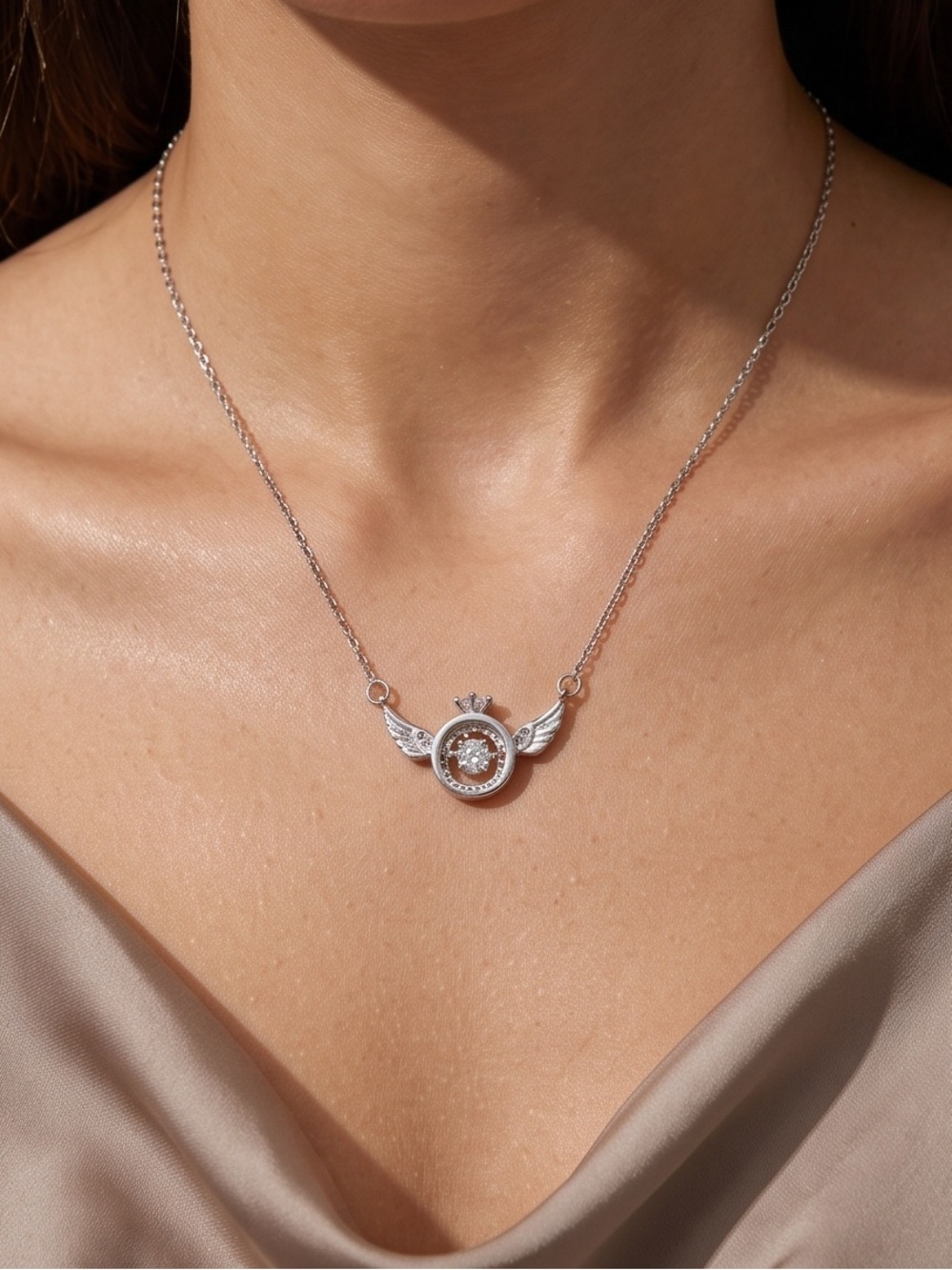 Silver Winged Crown Pendant Necklace - Elegant Women’s Jewelry